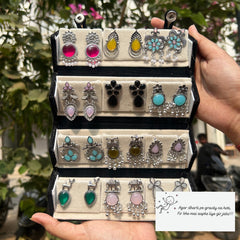 Set of 12 Trendy Oxidized Stud Earrings Along with a Compact Foldable Storage Box