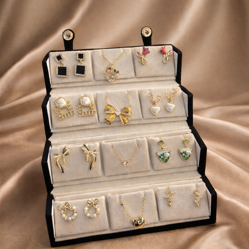 Premium Korean Earrings & Anti-Tarnish Necklaces with Elegant Jewellery Box