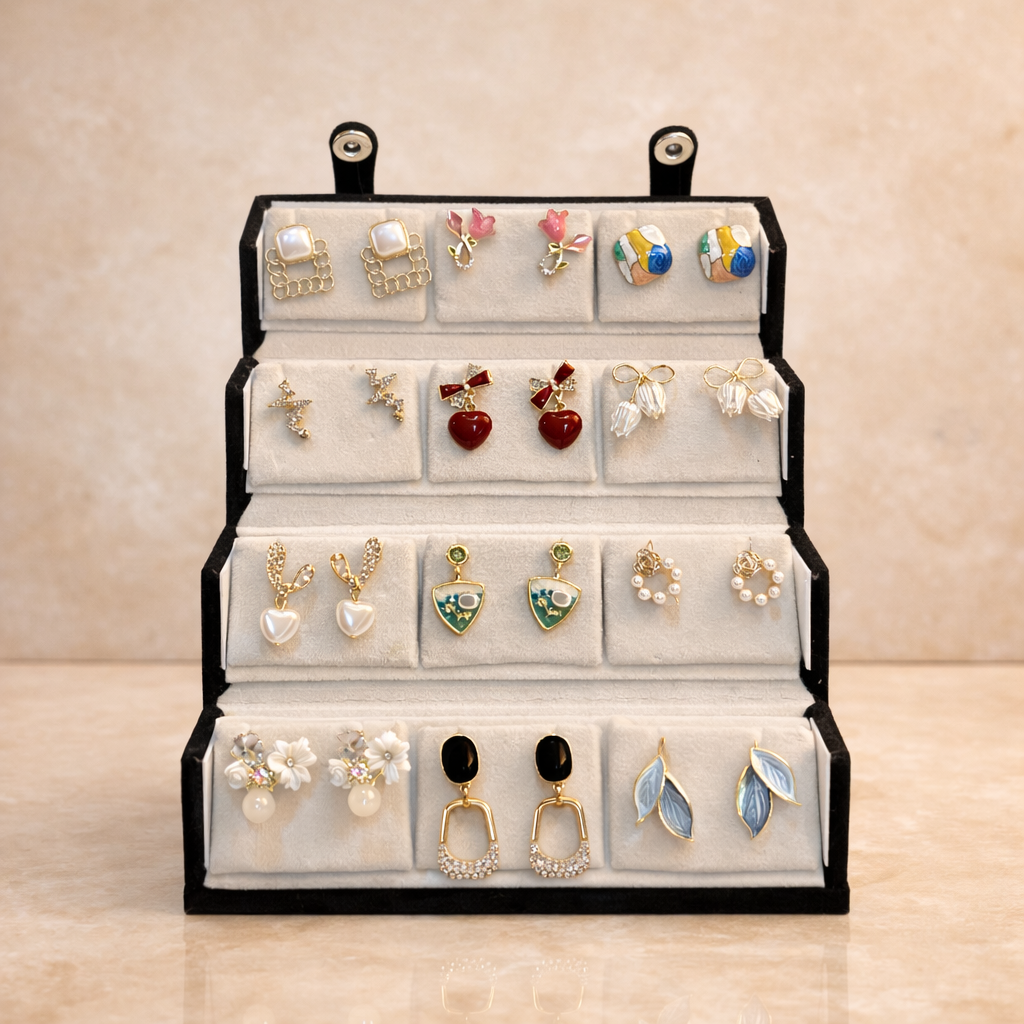 Trendy Korean Earrings Combo – Set of 12 with Black Jewellery Box