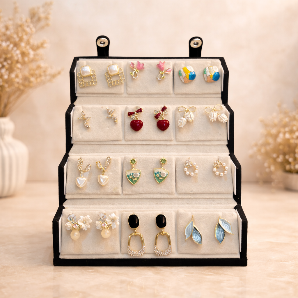 Trendy Korean Earrings Combo – Set of 12 with Black Jewellery Box