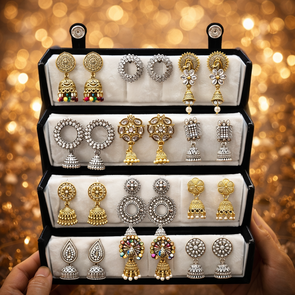 Set of 12 Premium Oxidised Jhumkas with Elegant Black Jewellery Box