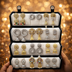 Set of 12 Premium Oxidised Jhumkas with Elegant Black Jewellery Box