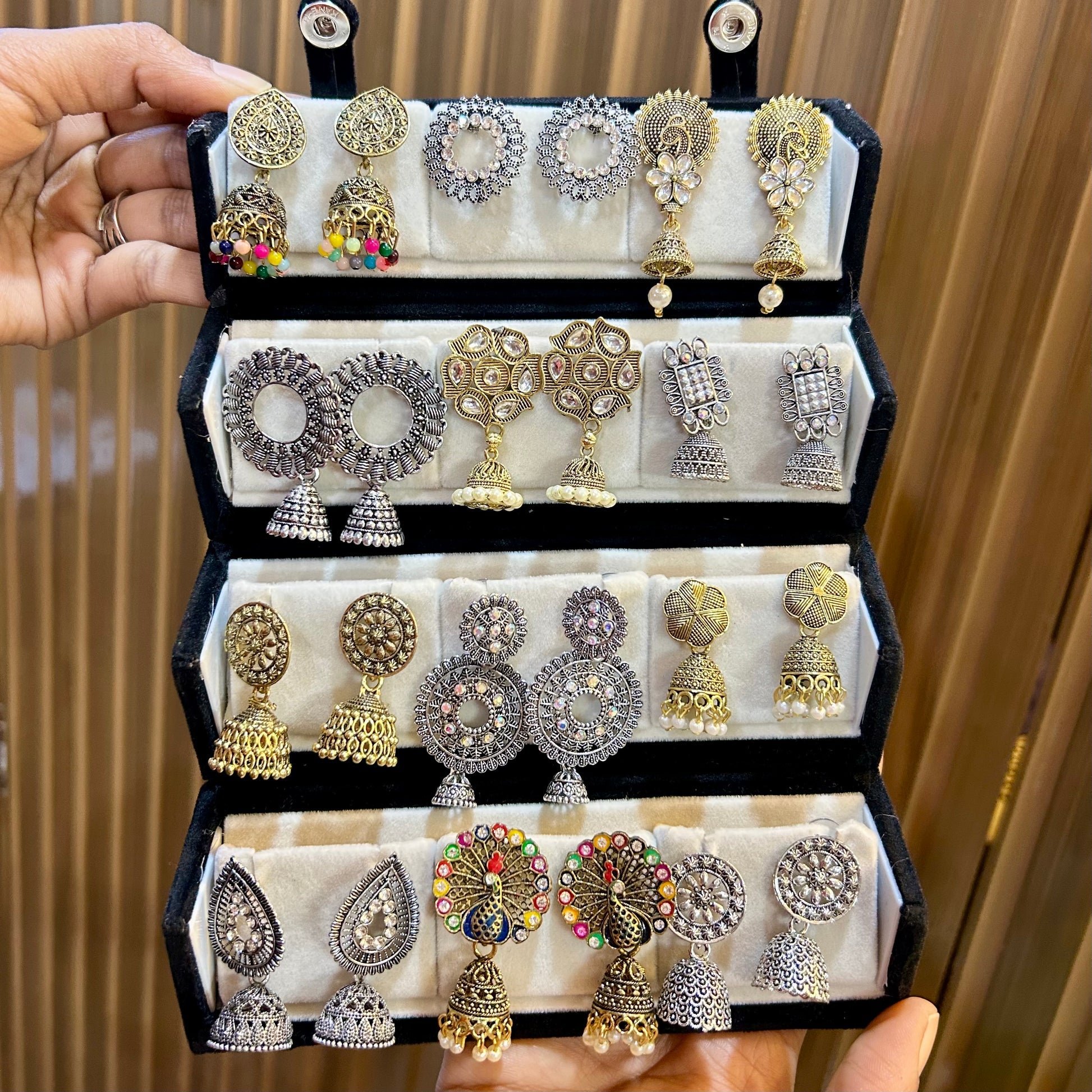 Set of 12 Premium Oxidised Jhumkas with Elegant Black Jewellery Box