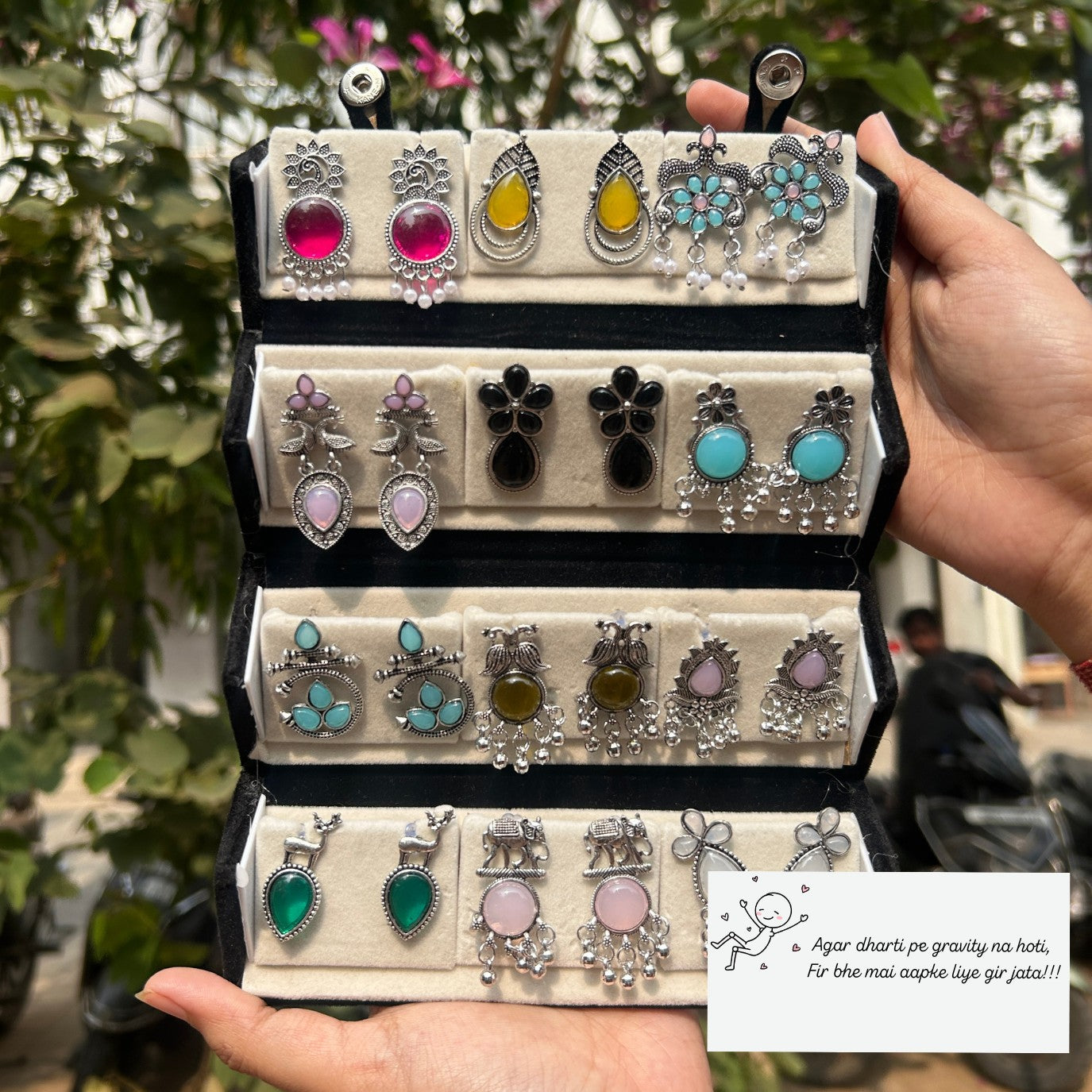 Set of 12 Trendy Oxidized Stud Earrings Along with a Compact Foldable Storage Box