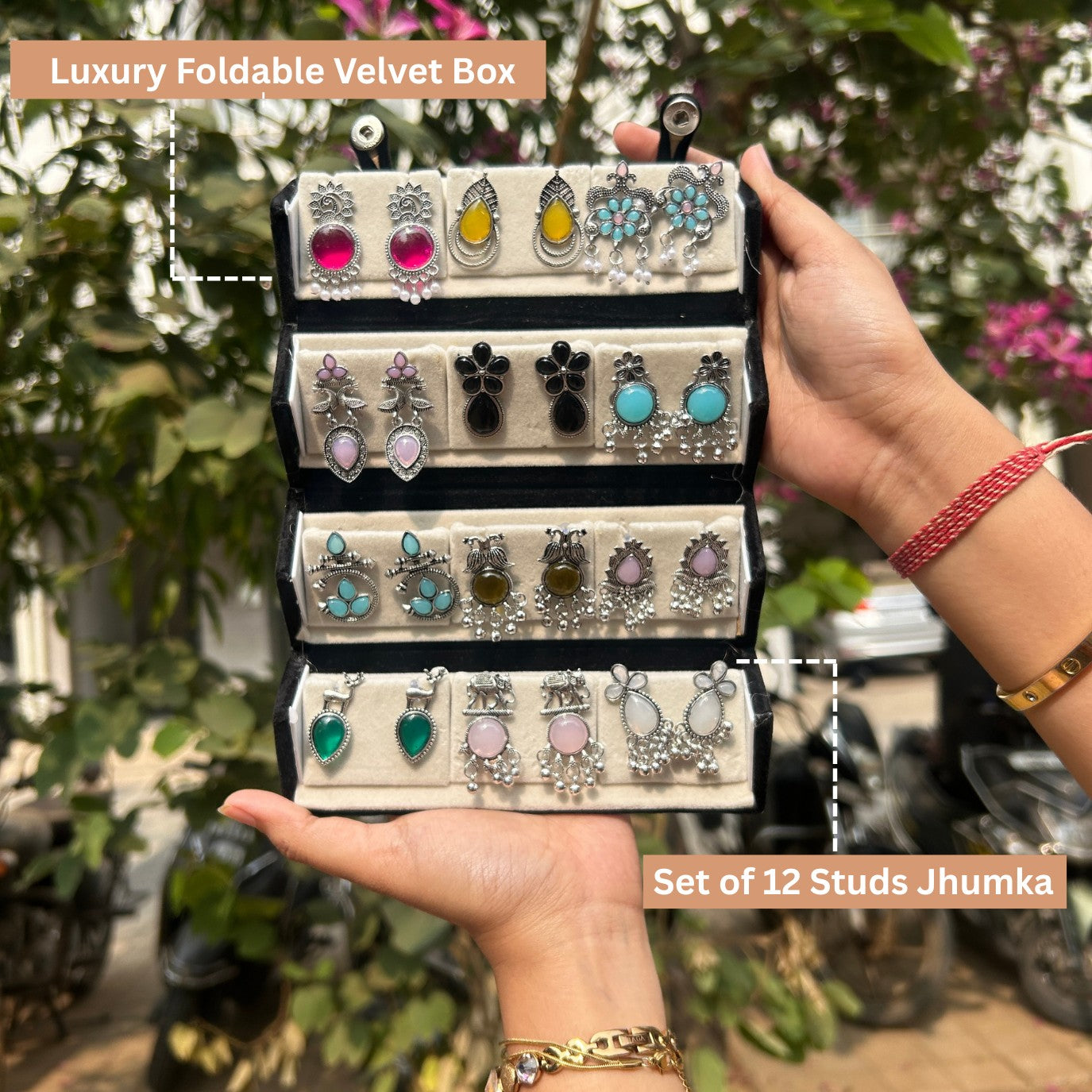 Set of 12 Trendy Oxidized Stud Earrings Along with a Compact Foldable Storage Box