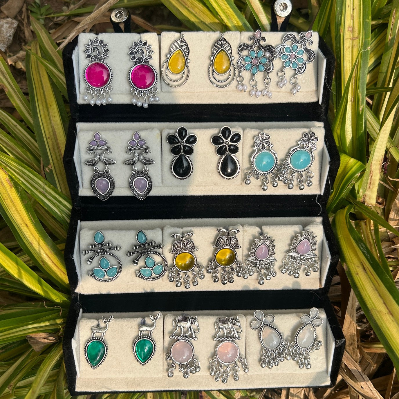 Set of 12 Trendy Oxidized Stud Earrings Along with a Compact Foldable Storage Box